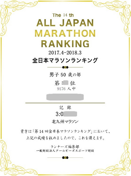 全日本マラソンランキング2017～中高年が頑張ってますねー